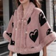 thumbnail image 5 of UTSJKR Women Heart Pattern Faux Fur Trim Poncho Cape Pearl Tassel Detail Warm Wrap Coat for Fall Winter Daily Dressing Pink, 5 of 5