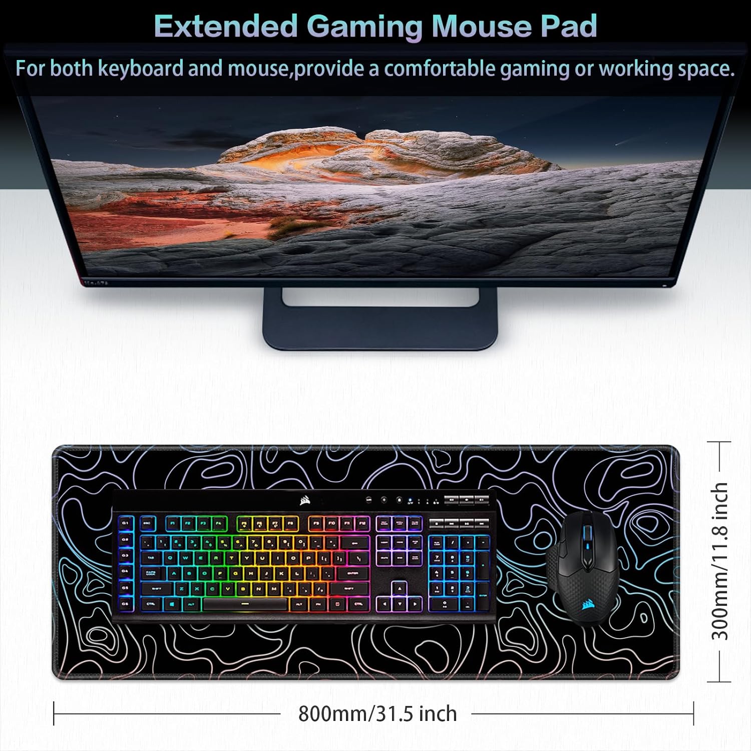 Gaming Mouse Pad, Topographic Contour Mouse Pad 31.5x11.8inch Large Extended Computer Mouse Mat Keyboard Full Desk Mousepad for Gaming, Office, Home