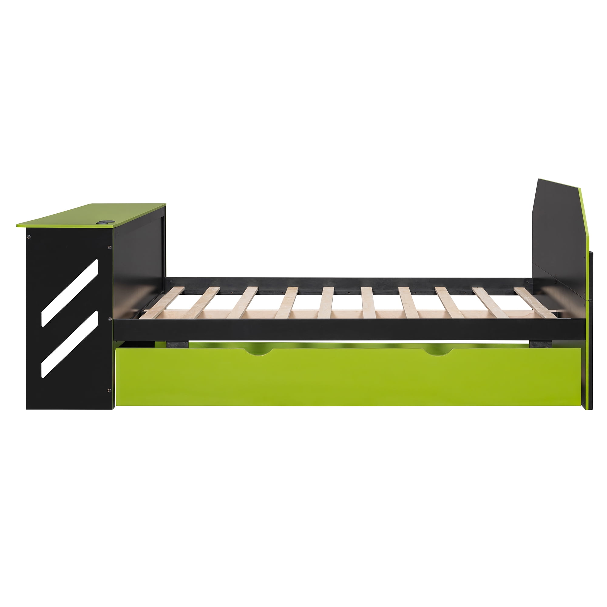 Mintazer Full Size Gaming Daybed with Pull-Out Twin Size Trundle & Desk, Platform Bed Frame with USB for Bedroom Dorm, Black & Green
