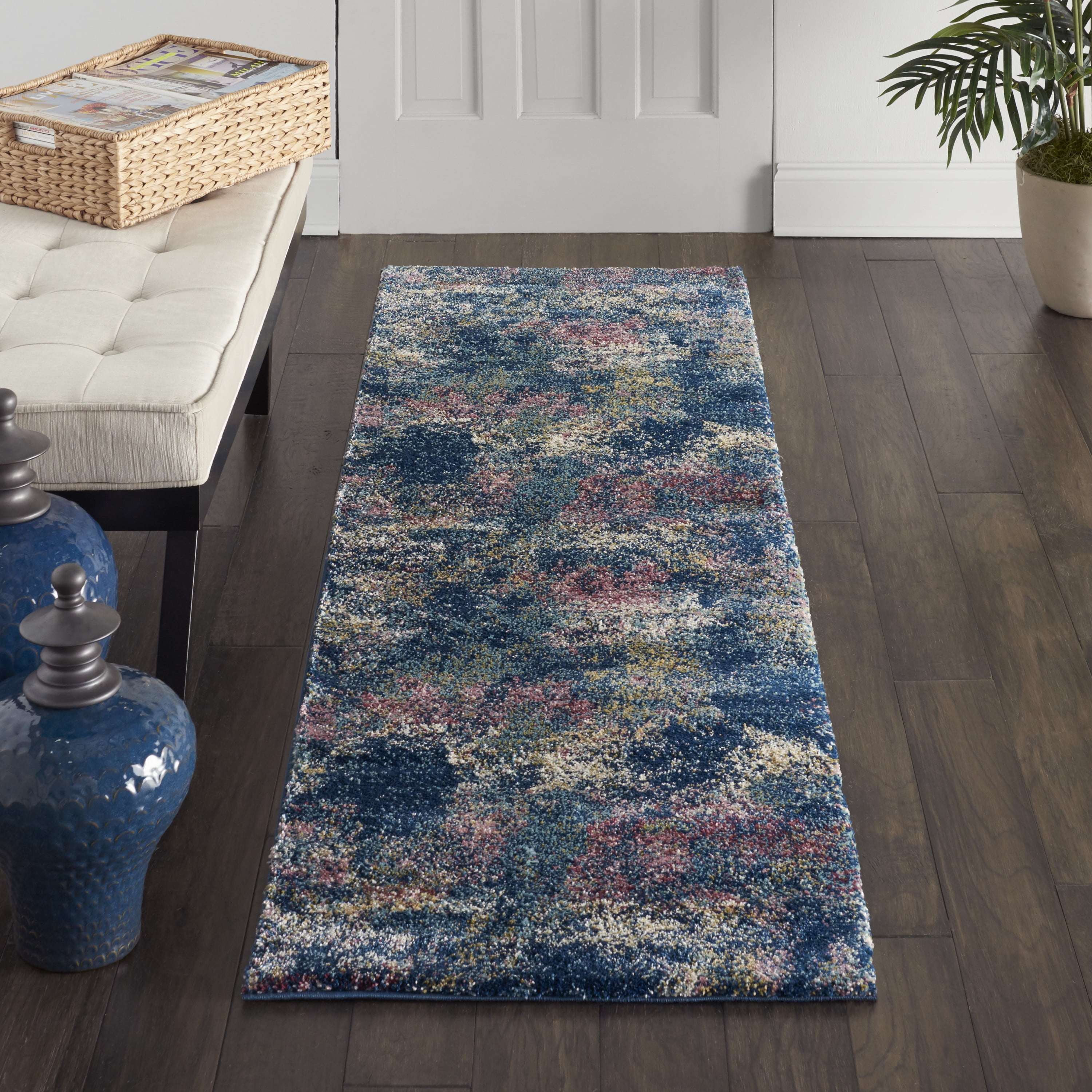 Nourison Fusion Lowpile Shag Abstract Blue Multi Colored Area Rug