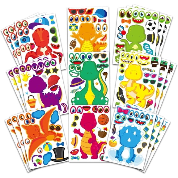 27 Sheets Dinosaur Make-a-Face Sticker, DIY Make Your Own Dino Stickers for Kids, Dinosaur Birthday Party Supplies, Theme Party Favors & DIY Craft Projects
