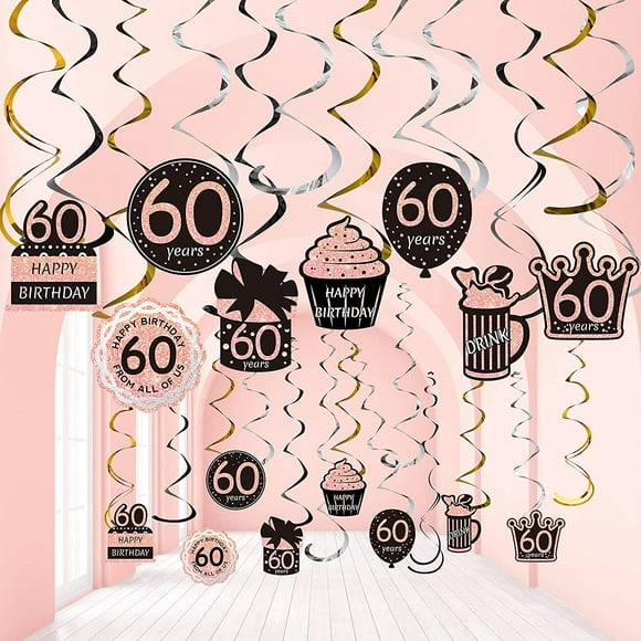 30 Pieces 60th Birthday Party Decoration 60th Birthday Party Rose Gold Hanging Swirls Decoration Ceiling Shiny Foil Swirls for 60th Birthday Decorations 60 Years Old Party Supplies - -