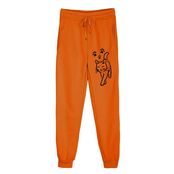 USNSM Women's Baggy Sweatpants High Waisted Lounge Loose Sweatpant Lovely Cat Print Drawstring Trousers with Pockets Orange S