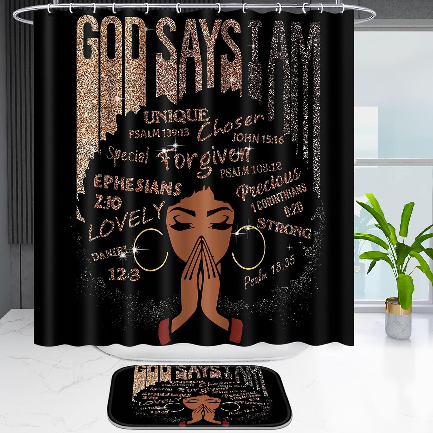 FRAMICS Black Girl with Glitter Quotes Pattern Polyester Shower Curtain and Rug Sets, 16 Pc Bathroom Sets with Non-Slip Mats, Waterproof Shower Curtain with 12 Hooks and Toilet Rugs