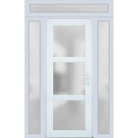 Front Exterior Prehung Metal-Plastic Door Frosted Glass / Manux 8552 White Silk / 2 Side and Top Window / Office Commercial and Residential Doors Entrance Patio Garage 60" x 96" Left-hand Inswing