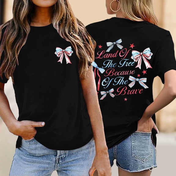 250Th Anniversary Usa Shirt Women Independence Day Bow Knot Print Crew Neck Short Sleeve Tops for Everyday Wear Women's T Shirts Black L