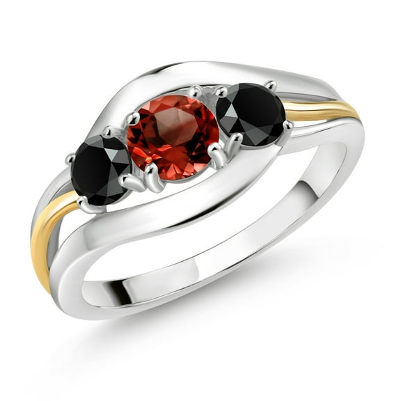 Gem Stone King 925 Sterling Silver and 10K Yellow Gold Round Red Garnet and Black Onyx 3 Stone Ring for Women (1.44 Cttw, Size 8)