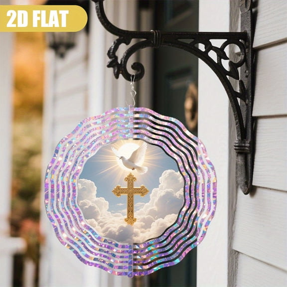 HELLOYOUNG 10 Inch Iron Wind Chimes for Outside Christian Dove Cross Design Rotating Outdoor Decor, Spiritual Religious Gift for Home Garden Church Wedding, Year Round Patio Decoration