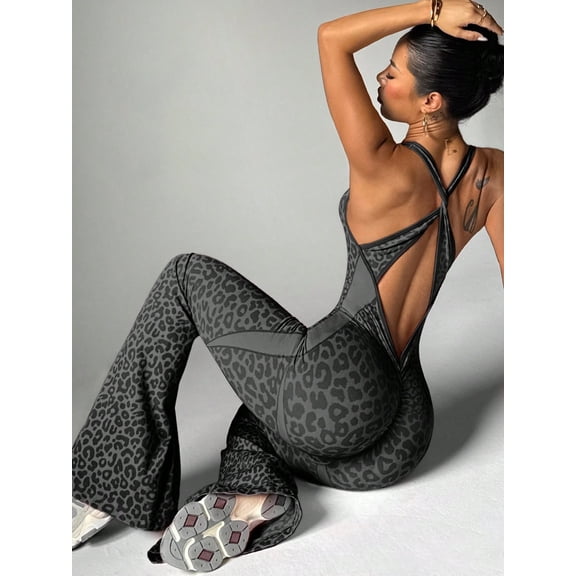 Leopard Print Crossback Bodysuit Yoga Jumpsuit for Women Fitness Sports Jumpsuit