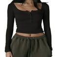 thumbnail image 1 of Women Square Neck Slim Shirt Long Sleeve Button Front Crop Tops Fitted Ribbed Low Cut Layering Tight Basic Tee Black M, 1 of 3