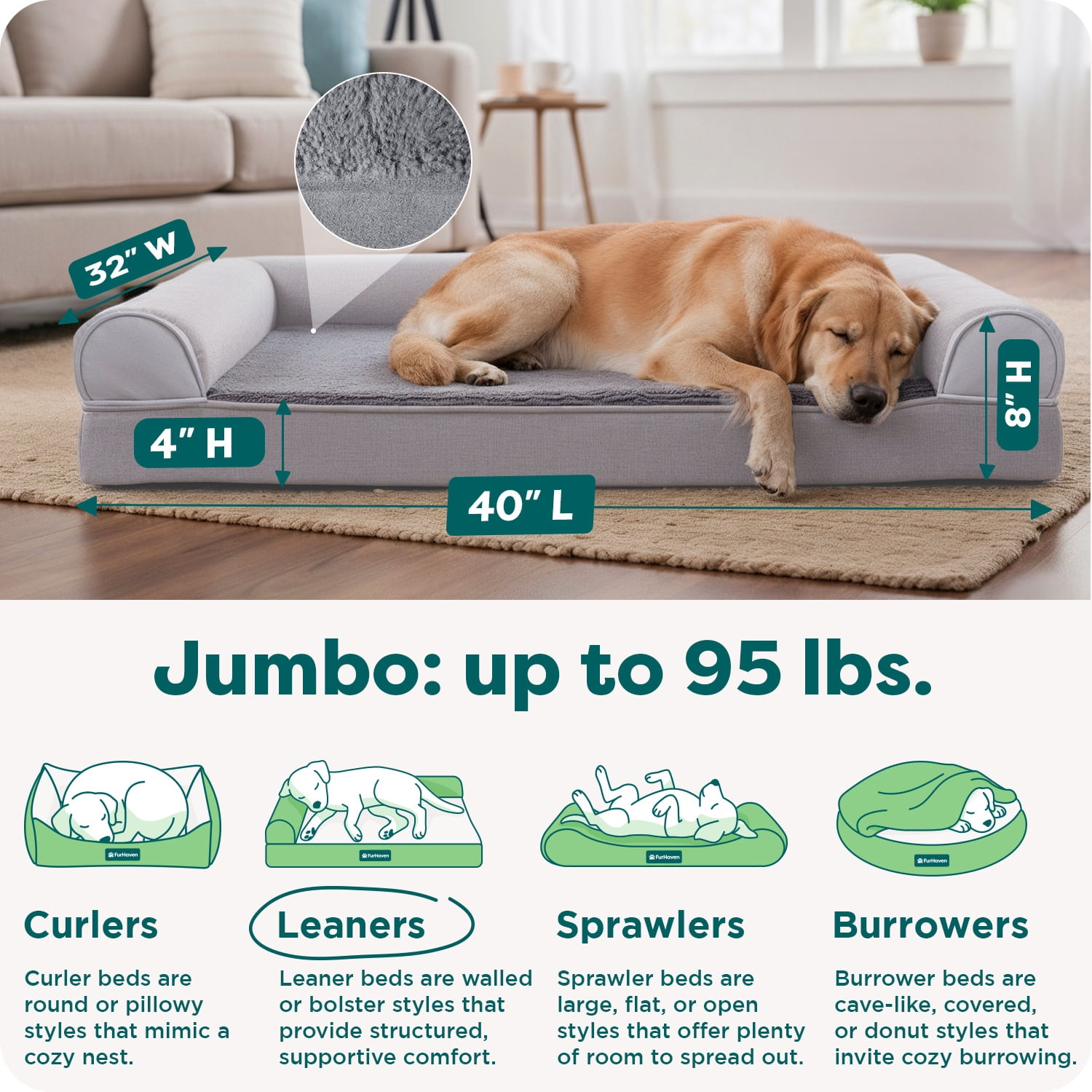 Furhaven Cooling Gel Dog Bed for Large Dogs w/ Removable Bolsters & Washable Cover, For Dogs Up to 95 lbs - Plush & Suede Sofa - Gray, Jumbo/XL