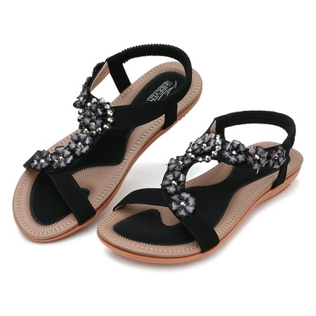 FAMITION Women s Sandals Summer Casual Bohemian Flats Elastic Ankle Strap Dressy Crystal Flower Sandals Comfortable Beach Shoes Black