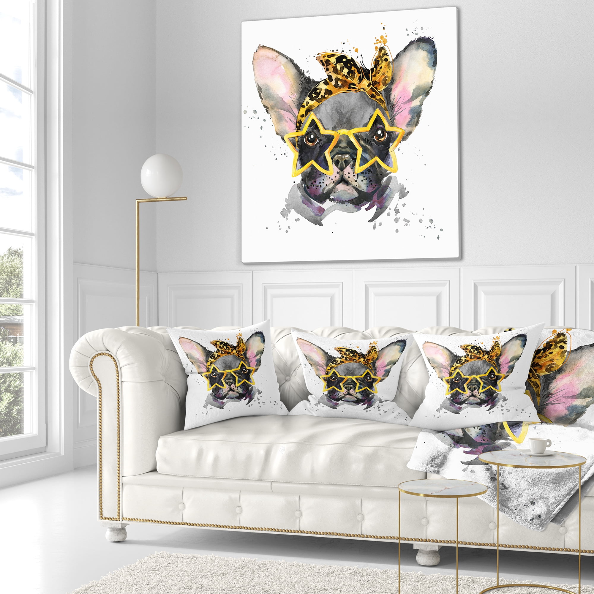 Designart French Bulldog with Star Glasses - Animal Throw Pillow - 18x18