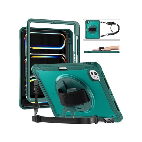 Case for iPad Pro 11 Inch M5 2025 M4 2024 6th 5th Gen Heavy Duty Rugged Shockproof Cover with 360° Rotating Hand Strap Foldable Stand & Shoulder Strap, Pencil Holder