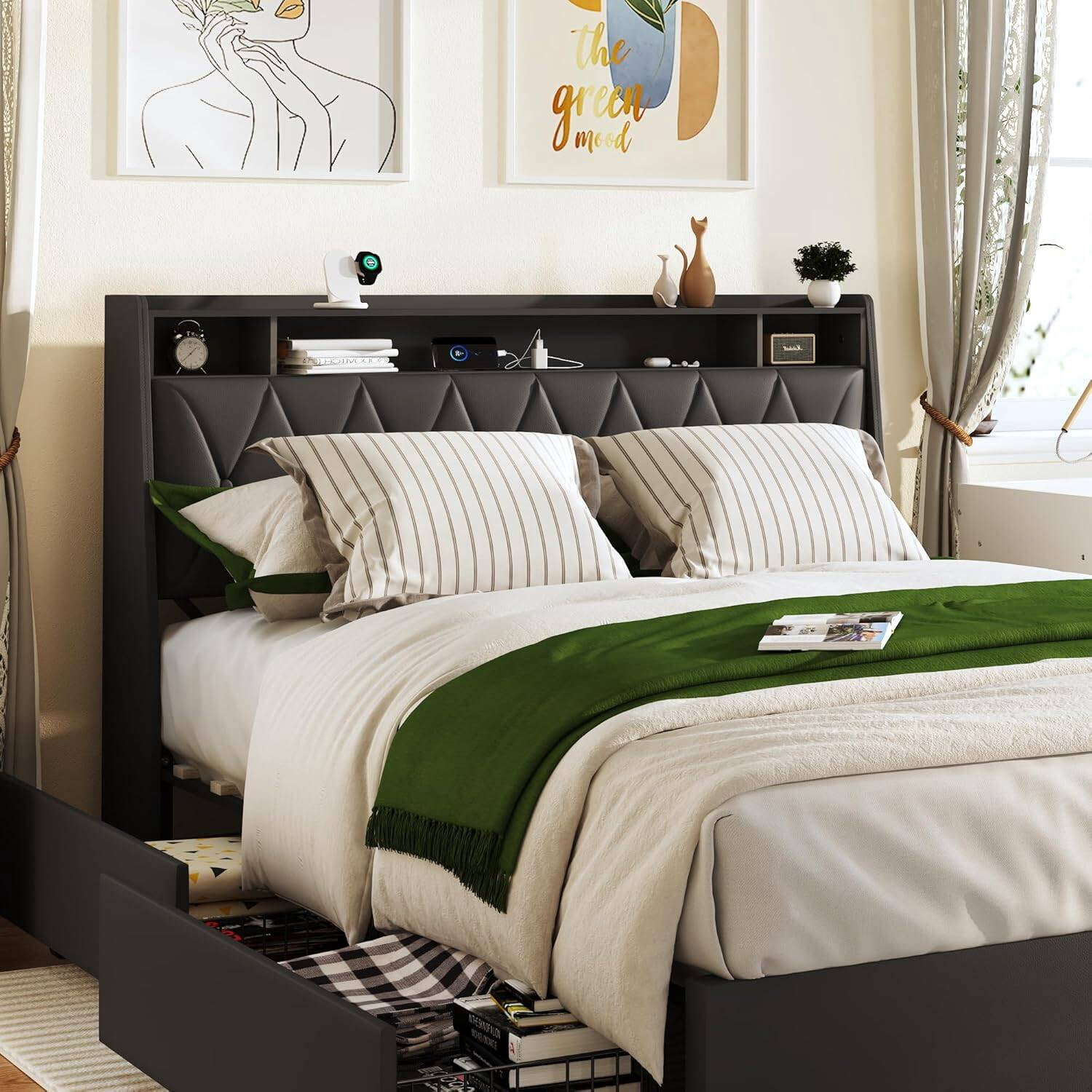 Nathaniel Home Full Platform Bed Frame Full Size Ergonomic Headboard Storage Shelf Outlets and Charger