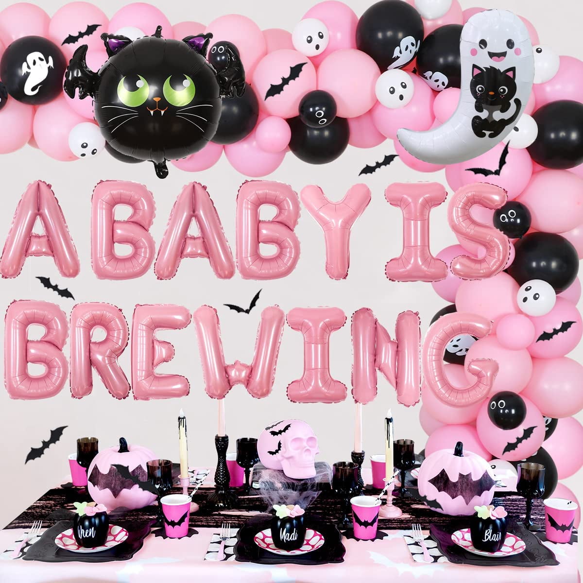 Halloween Baby Shower Decorations for Girl, A Baby is Brewing Pink Black Balloon Garland Arch Kit Ghost Bat Foil Balloon Baby Shower Pregnancy Announcement Gender Reveal Party Supplies