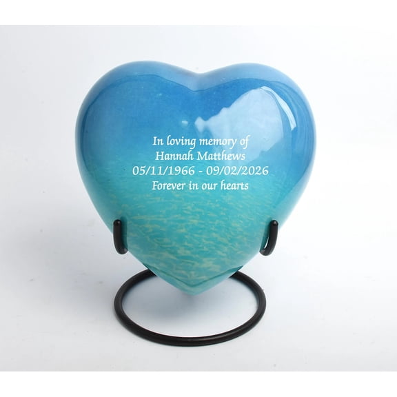 Heart Shape Cremation Urn for Human Ashes, Full Adult Size Blue Ocean Memorial Funeral Urn