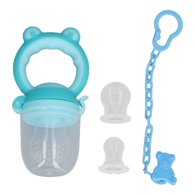 Juego de comedero para bebé, chupetes de silicona con forma bonita, cadena para masticar alimentos, bolsa de alimentación para bebés, color azul