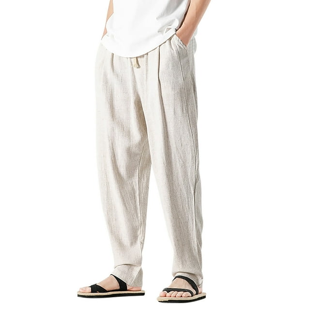 toraway Men's Casual Pants Elastic Waist Drawstring Long Trousers Fuzzy Men's Spring and Summer Linen Casual Pants Cotton Pants Linen Trousers Elastic Waist L