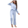 thumbnail image 6 of LLYwey Pajama Sets Women 2 Piece Outfits Sets Ladies Pjs Sets Long Sleeve Crew Neck Pullover Tops and High Waist Pants Set Sleepwear Drawstring Casual Loose Sweatsuits Fall Tracksuits Blue M, 6 of 7