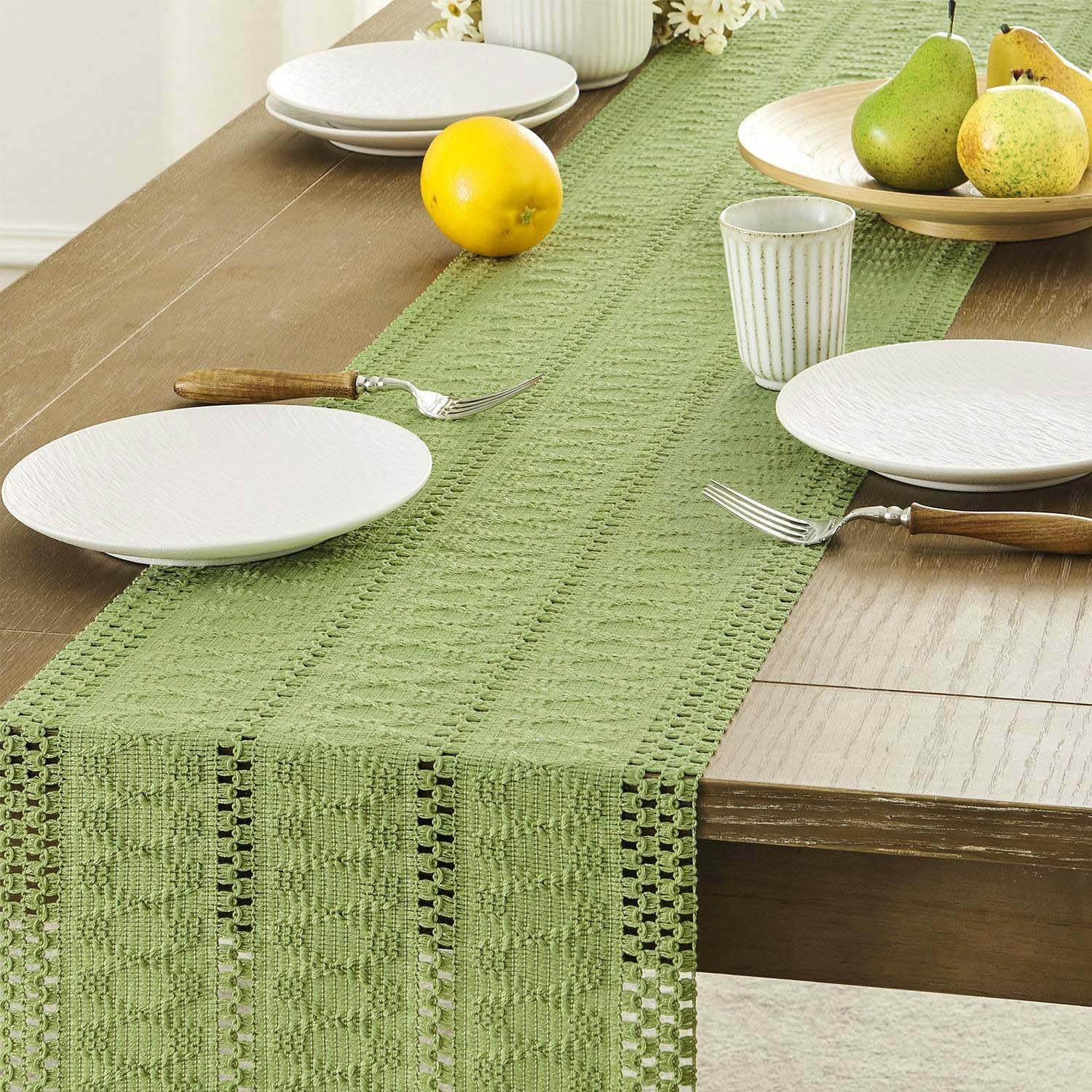 Boho Table Runner, Macrame Style Ivory Table Runners Farmhouse Woven Home Decor, 12x64 Inch, Green