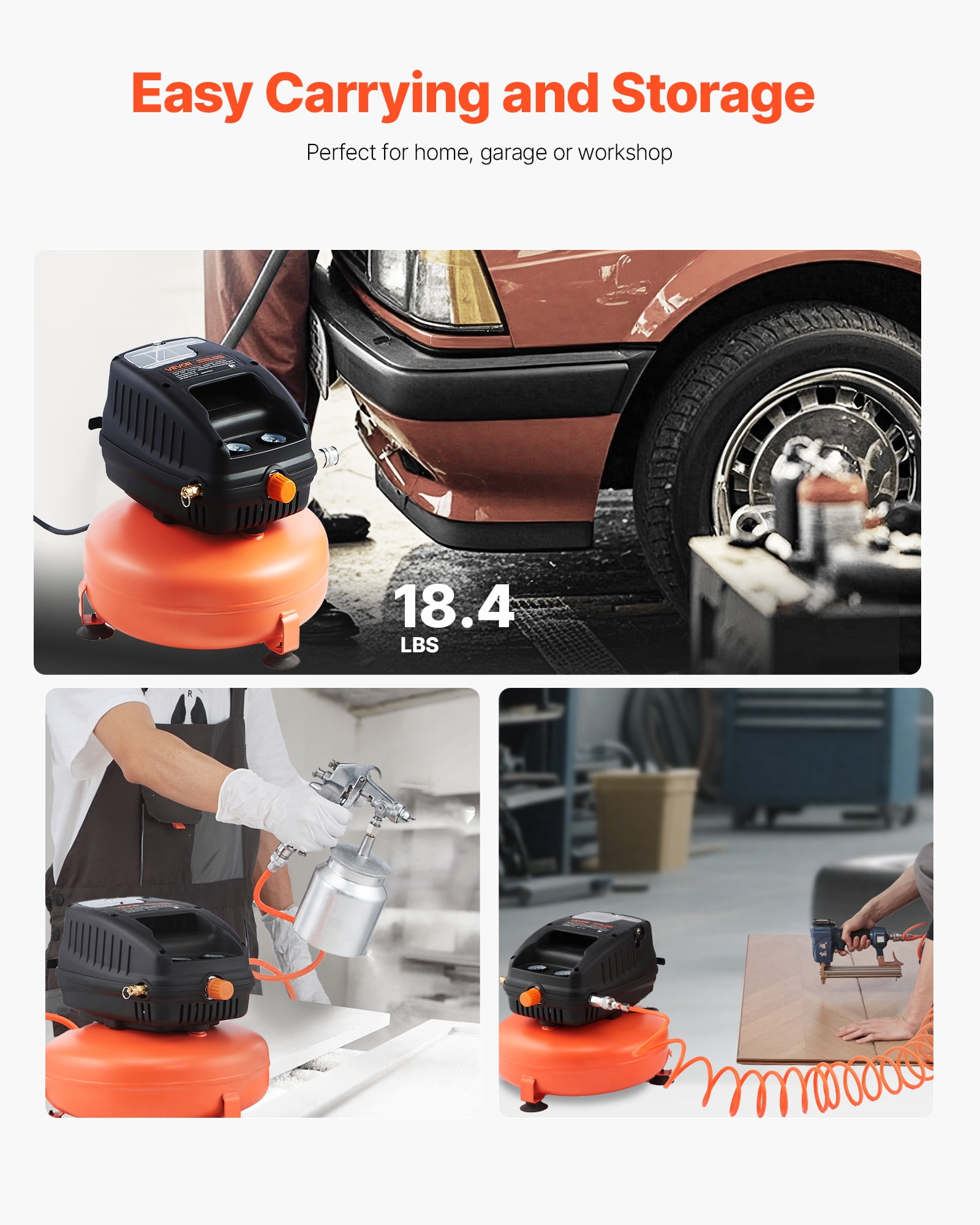 VEVOR 3 Gallon Air Compressor,1/3HP 0.54CFM @ 90PSI Portable Pancake Air Compressor & 100PSI Max Working Pressure, Oil-Free Compressor Tank for Tire Inflation, Spray Painting, Woodwork Nailing, 120V