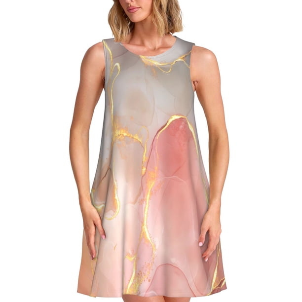 Fotbe Abstract Marble Texture Vestido de Verano sin Mangas para Mujer – Vestido Midi Línea A, Estilo Camiseta Floral, Vestido Playero Casual y Fluido