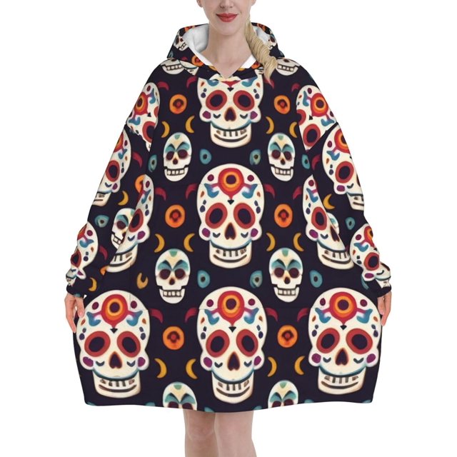 Mexican Skull Print Oversized Blanket Hoodie, Wearable Blanket Adult For Women Men And Teenager, Super Soft Warm Flannel Fluffy Hooded Blankets Sweatshirt With Big Pocket
