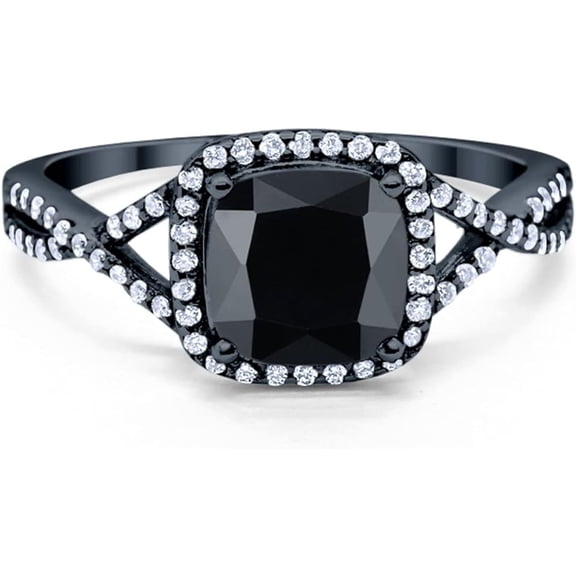 Divine Creation 2.00 Ct Cushion Cut Black Diamond Wedding Engagement Halo Ring 14K Black Gold Plated 925 Sterling Silver For Women's -6.5