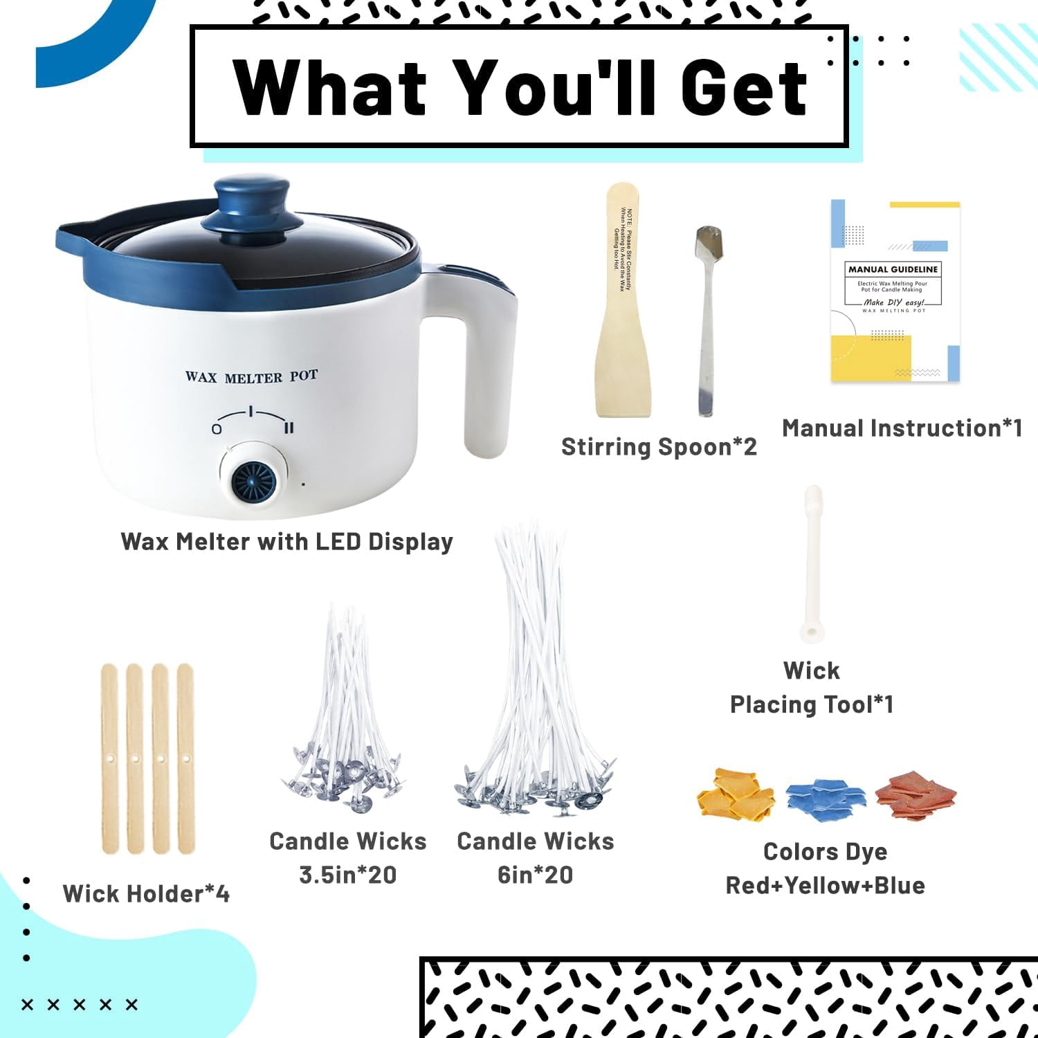 Wax Melting Pot for Candle Making, Electric Wax Melter with Pour Spout,Candle Making Supplies Includes Pouring Pot, Colors Dyes, Wicks, Thermometer