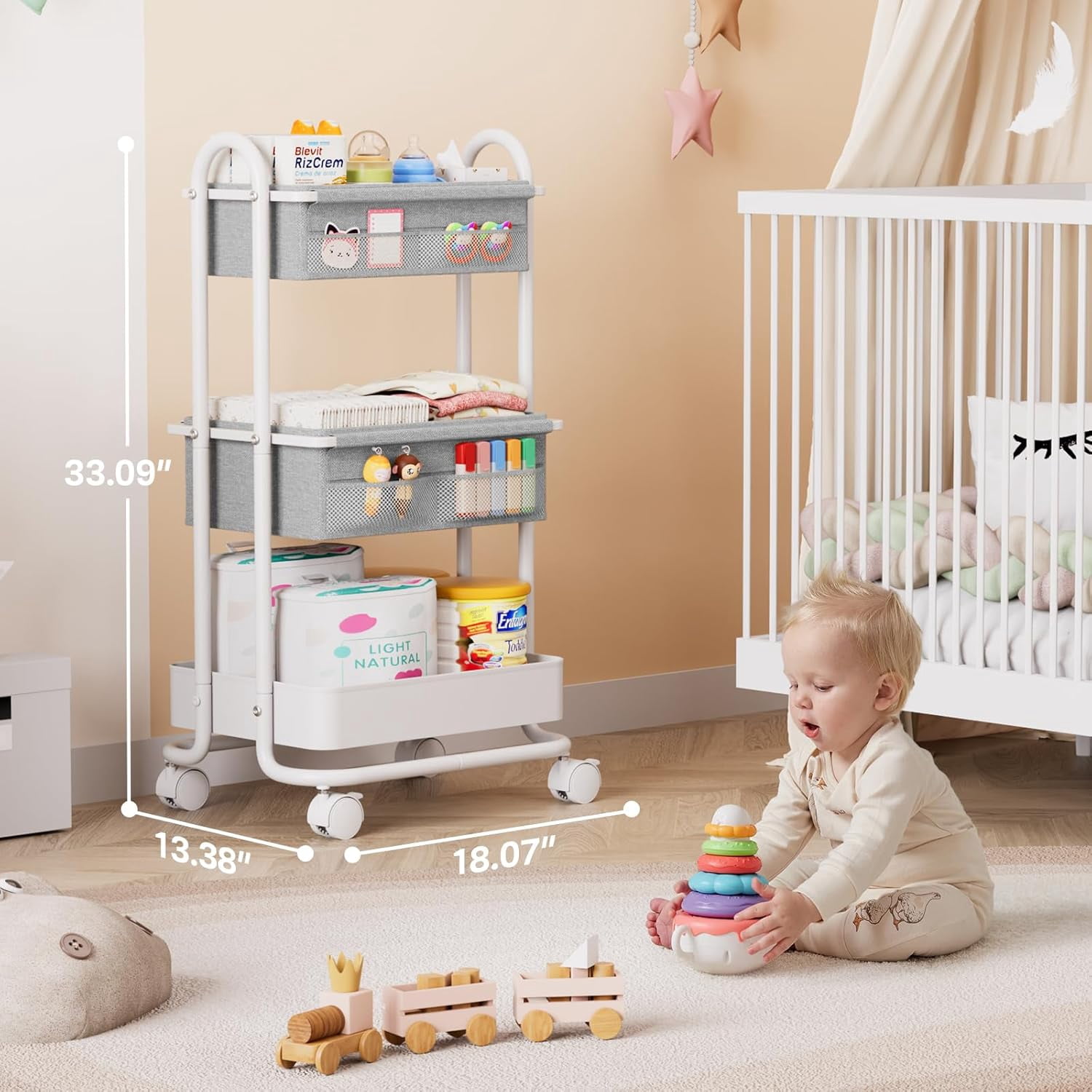 Baby Diaper Caddy Organizer Cart - 3 Tier Rolling Storage with Wheels, Nursery Essentials for Crib Bedroom Art Craft Light Gray