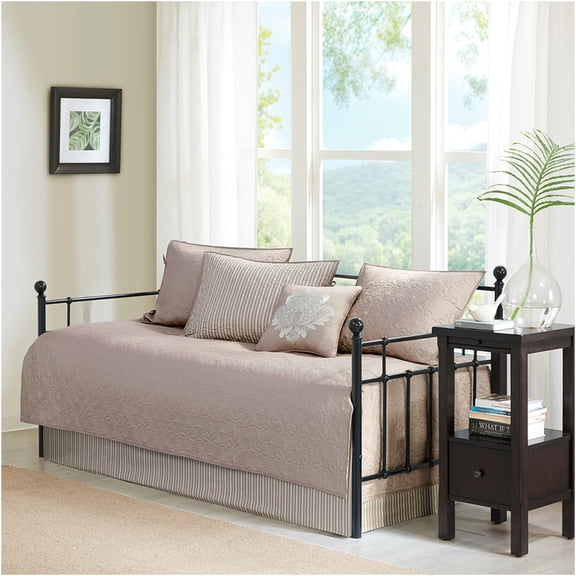 JERFIT Reversible Twin Daybed Set with Skirt & Shams, Antimicrobial Cotton Quilted Coverlet, Khaki 6-Piece Bedding Ensemble