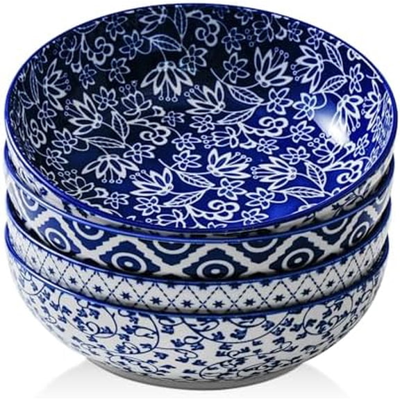 Ceramic Large Pasta Bowls - 45 OZ Salad Bowls 8 inch Wide Serving Bowls for Soup Dessert Dinner Noodle Fruit Bowls - Microwave Dishwasher Safe - Set of 4 - Blue and White