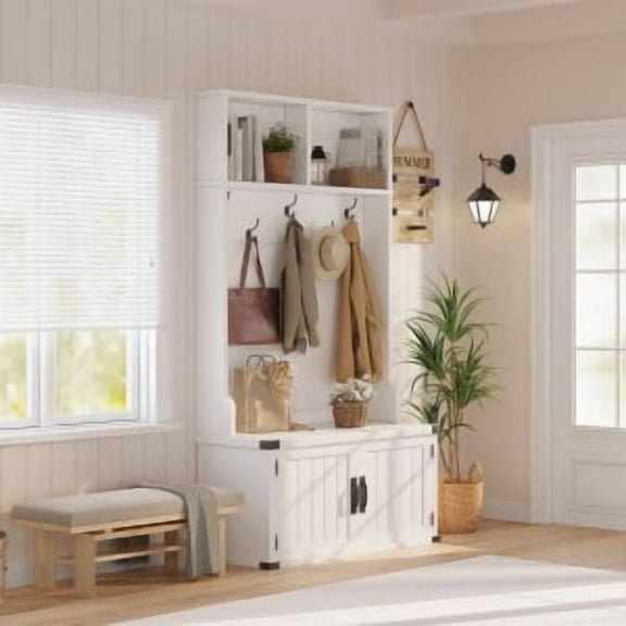 3-In-1 Entryway Hall Tree with Bench & Shoe Storage, Multifunctional Coat Rack and Shoe Bench, Wood Hallway Organizer for Entry, Mudroom, Foyer, White
