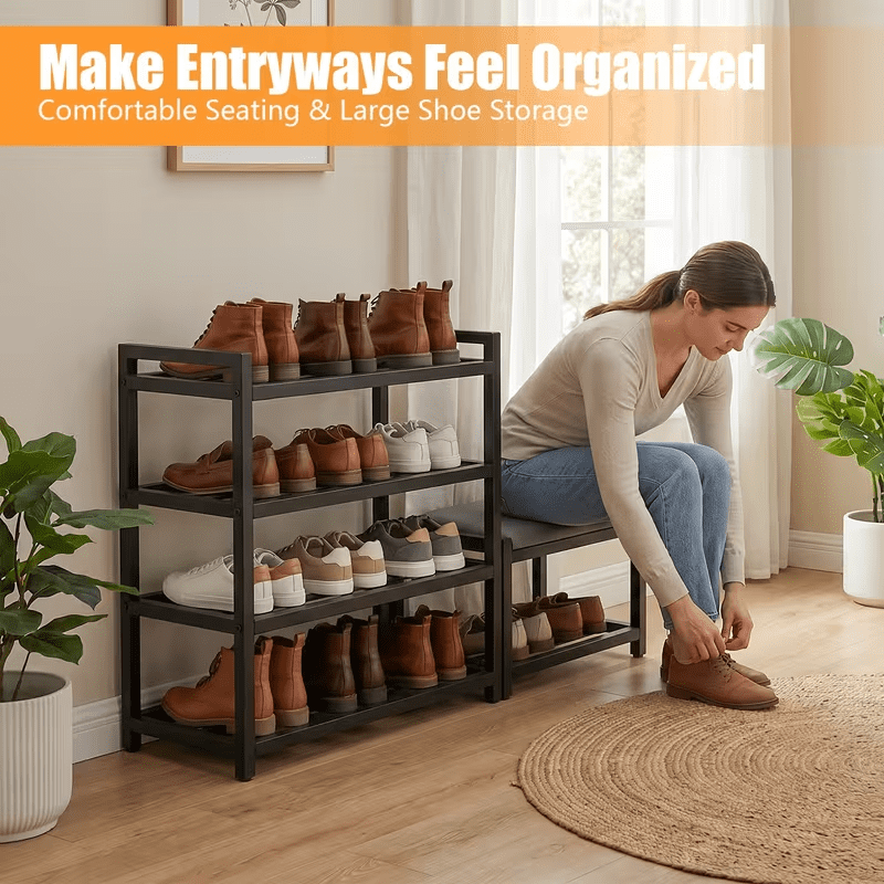 4-Tier Shoe Rack with Cushion,Heavy Duty Carbon Steel Frame, Anti-Slip Feet, Space-Saving Storage Organizer Shelf for Entryway, Living Room, Bedroom,Black
