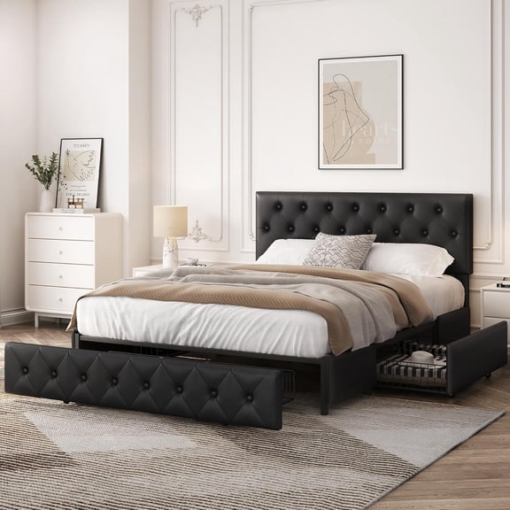 Queen Bed Frame Upholstered Bed Frame with Adjustable Diamond Button-Tufted Headboard/3 Drawers Storage, Queen Platform Bed/Strong Wooden Slats