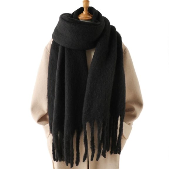 Female Winter Warm Solid Color Soft Coarse Braid Tassel Winter Wrap Bandana Viscose Wrap Shawls Long Scarves Winter Shawl Mohair Women Scarf BLACK