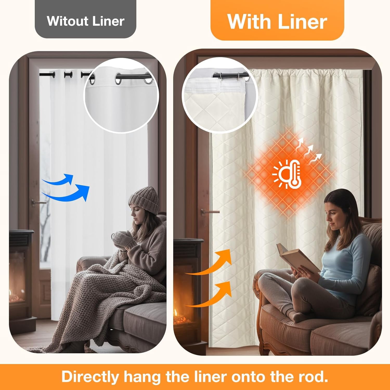 Lapalife Quilted Thermal Insulated Curtain Liner for Winter, Functional Heading Light Heat Sound Cold Blocking Winter Curtain Door Curtain for Living Room Bedroom, 1 Panel