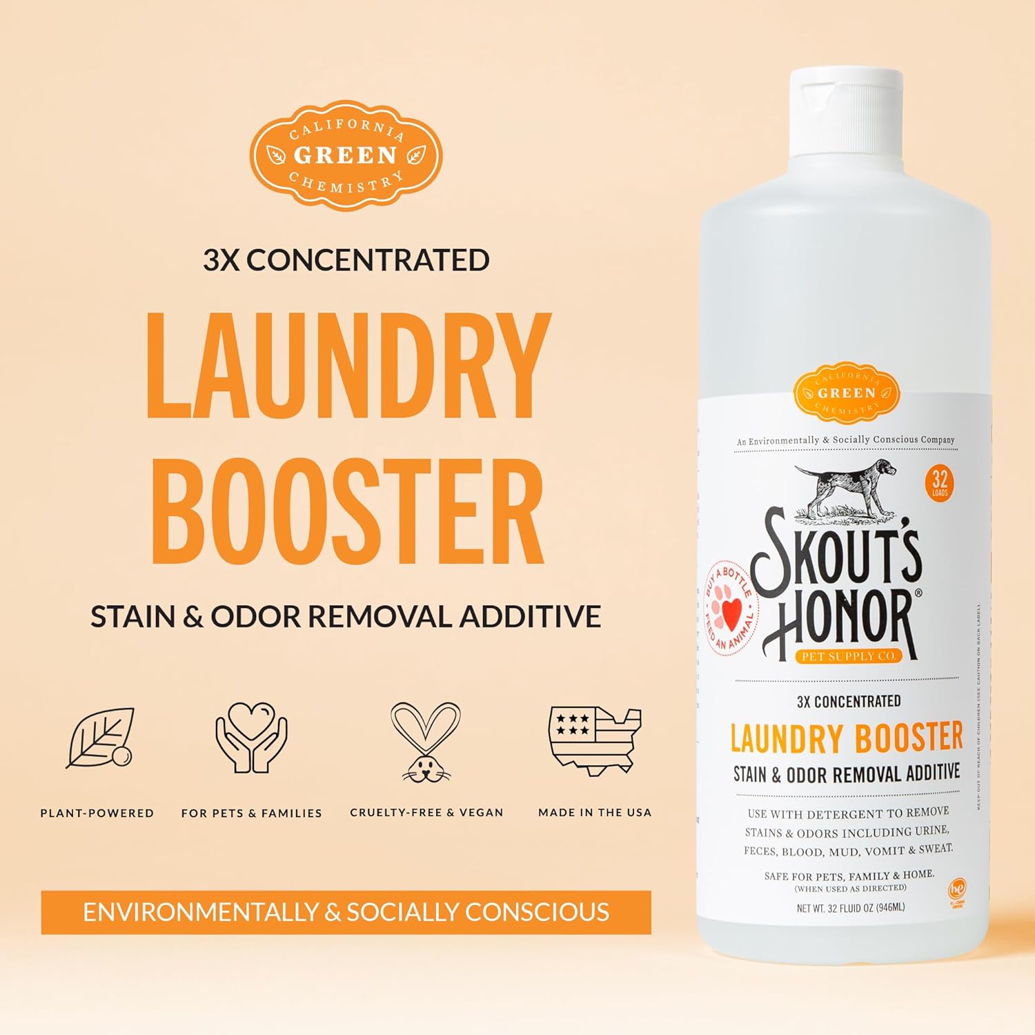 Laundry Booster Stain & Odor Removal Additive - Plant-Powered Formula for Pet Bedding, Clothing, and Washable Pee Pads - Eco-Friendly & Cruelty-Free, 32 oz