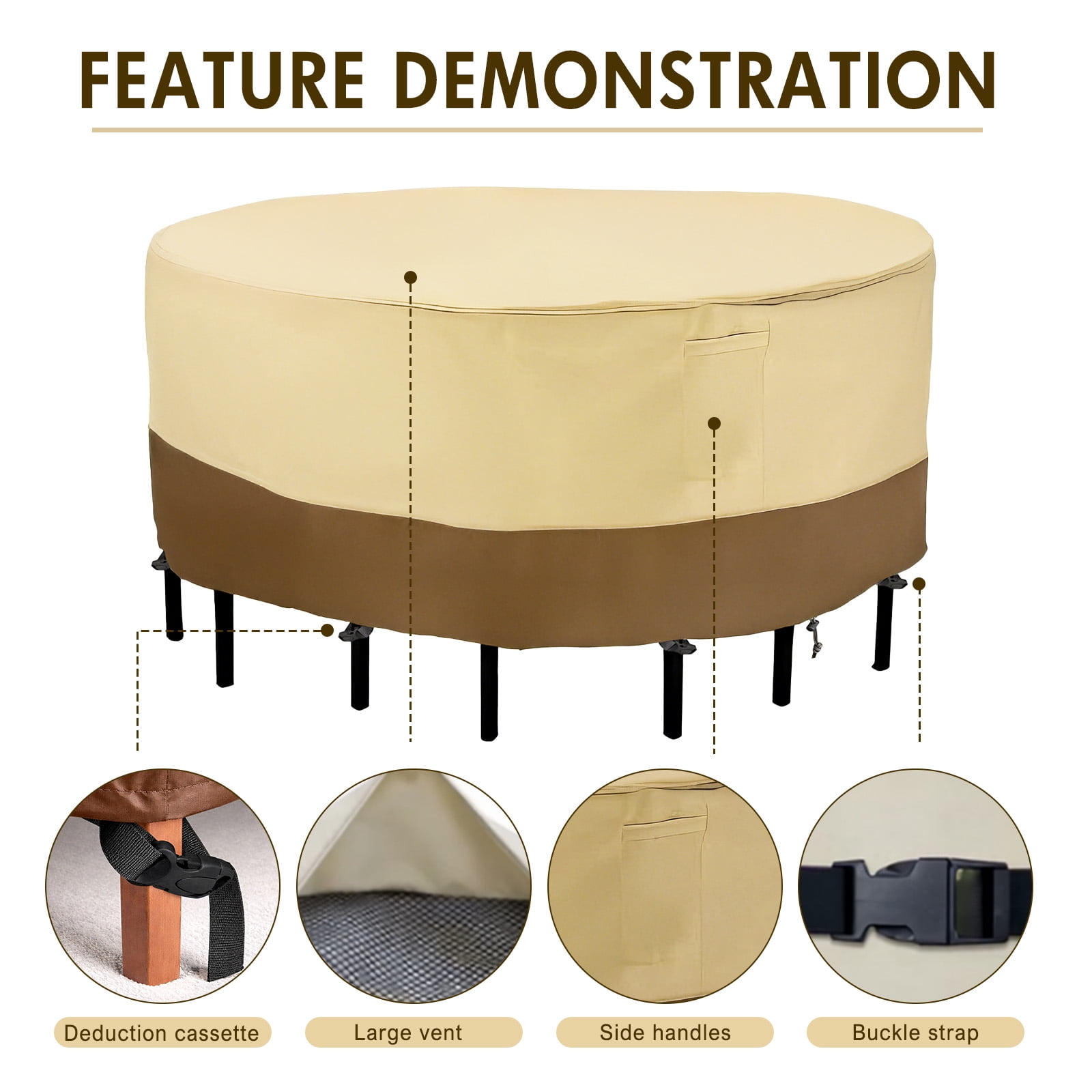 Round Patio Furniture Covers, 84" Dia Outdoor Furniture Covers, Waterproof Outdoor Table Cover, Fire Pit Cover, 420D Cover for Outdoor Furniture Set, Beige&Brown