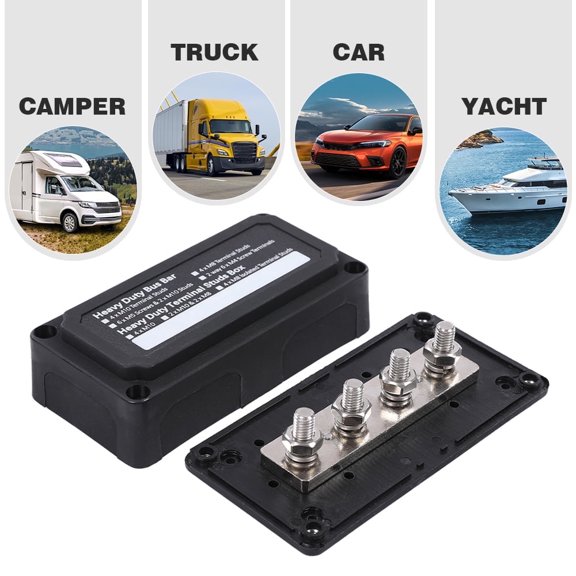 PIT66 Heavy Duty 4 Way Bus Bar/Power Distribution Box Terminal Studs 300A 48V DC Black