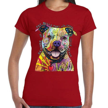 Tank Top Doggie T-shirt - Beware Pitbulls Tshirt Dean Russo Colorful Pet Dog Lovers Women Tee Tank Top Red