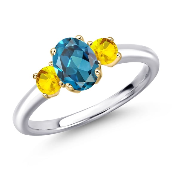 Gem Stone King 925 Silver and 10K Yellow Gold London Blue Topaz and Yellow Sapphire Engagement Ring for Women | 1.32 Cttw | Oval 7X5MM | Gemstone November Birthstone | Size 7