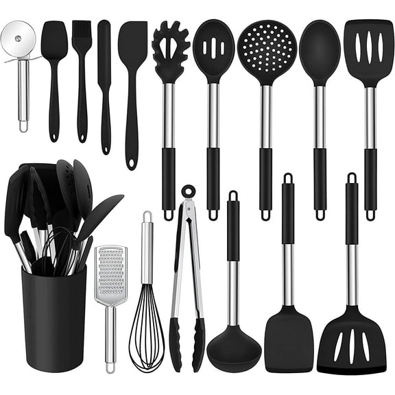 17 pcs Silicone Cooking Utensils Set with Holder,Nonstick Heat Resistant Stainless Steel Handle,Black