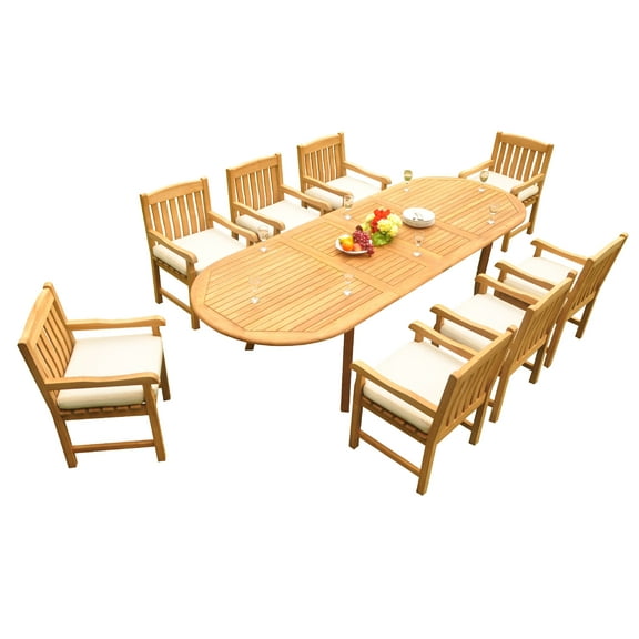 Grade-A Teak Dining Set: 8 Seater 9 Pc: 118" Oval Table And 8 Devon Arm Chairs Outdoor Patio WholesaleTeak #51DV2609