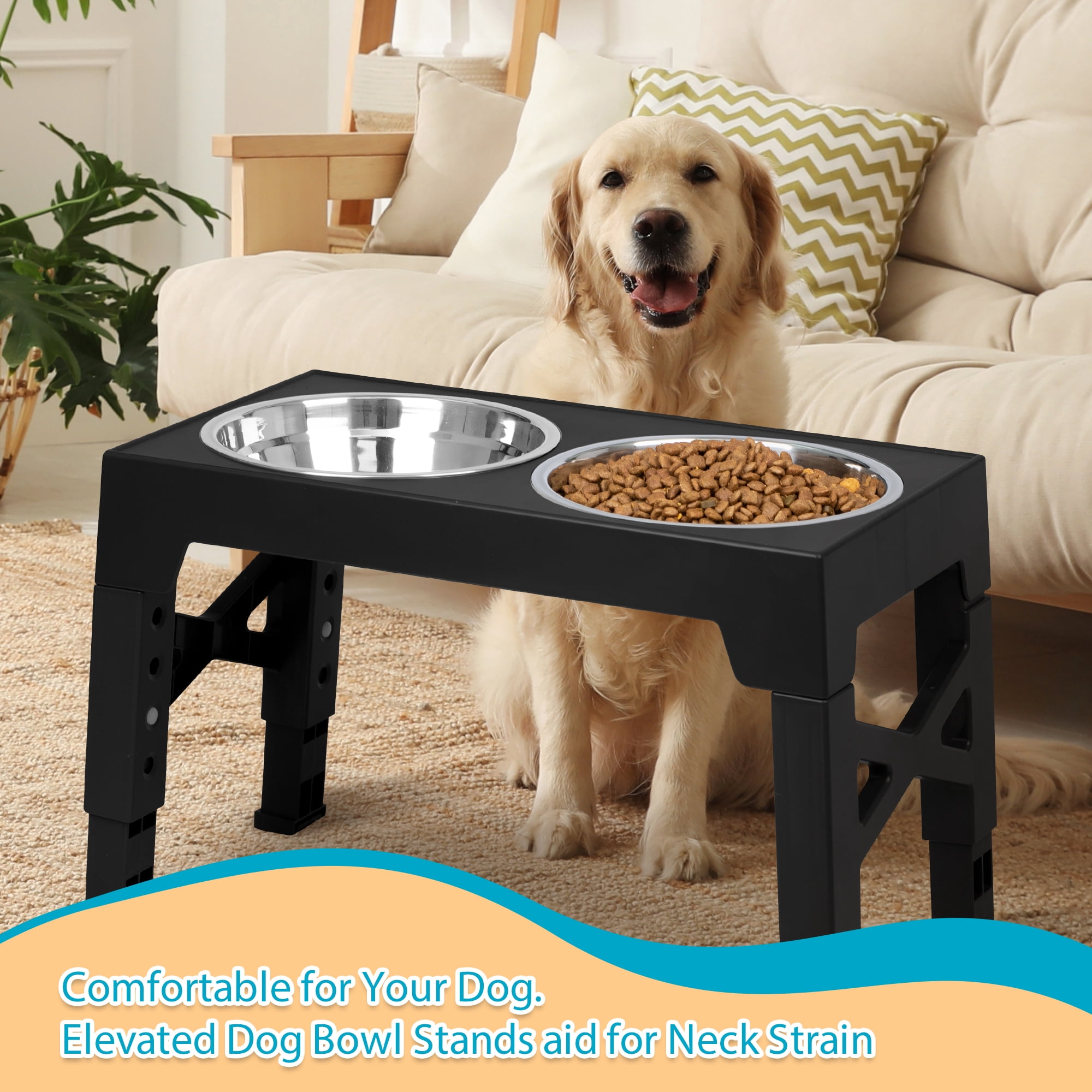 Elevated Dog Bowls Stand with 2 Stainless Steel Food Bowl,5 Height Adjustable,Black