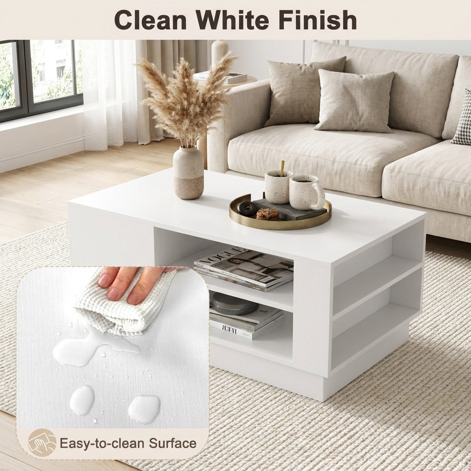 Furnibear Modern 2-Tier Coffee Table with Open Storage Compartments Recessed Base and Non-Slip Foot Pads for Living Room, White