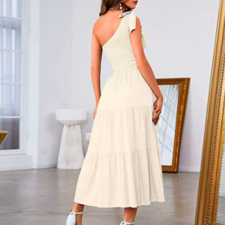 JYLPZYR Summer Beach Dresses Women's Bohemian Maxi Dress Summer One Shoulder  Sleeveless Long Dress Tiered Ruffle Hem Flowy Dress Women White Dresses  Vacation Dresses for Women 2024 (Beige,XL) - Walmart.com