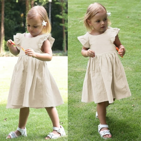 FAOWME Toddler Kids Girls Dress Flying Sleeve Round Neck Solid Color Comfortable Fashion Dresses For Casual Daily Wear Beige 6-7 Years