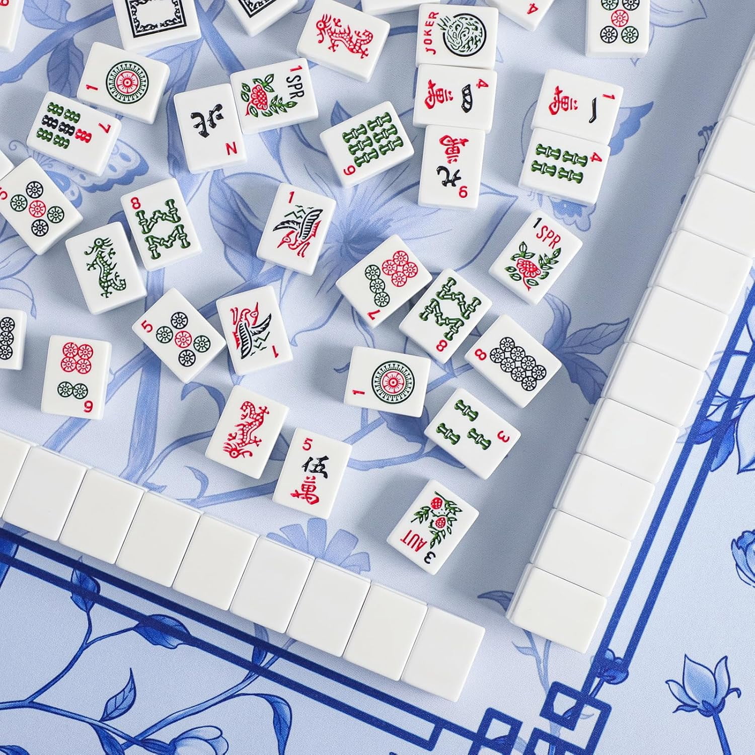 Large Blue Printed Mahjong Mat (31.5”x31.5”) with Black Carrying Bag, Anti-Slip, Noise-Reducing, Mahjong Table Mat for Mah-jongg,Poker, Board Games, Dominoes, and Card
